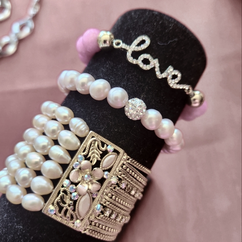 3 Bracelets - Pearls and Crystals - Pinkish